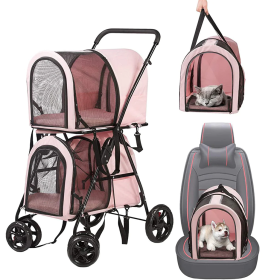 Detachable 3-in-1 Double Pet Stroller with 2 Travel Carriage Bags, Pink