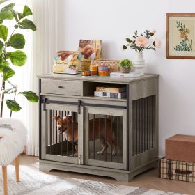 Rustic Furniture Style Dog Crate with Sliding Door Functional Side Table Storage with Drawers Modern Pet House   35.43'' W x 23.62'' D x 33.46'' H