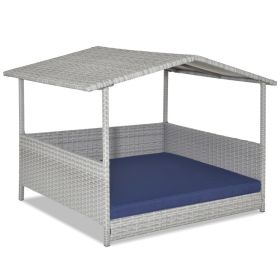 Wicker Dog House Cabana Elevated Rattan Bed with Removable Cushion for Indoor/Outdoor Raised Canopy Lounge, Cornflower