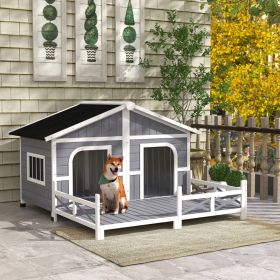 Premium Stylish Deluxe Dog House Cabin w/ Large Elevated Deck Porch - Solid Fir Wood - Gray / White Trim