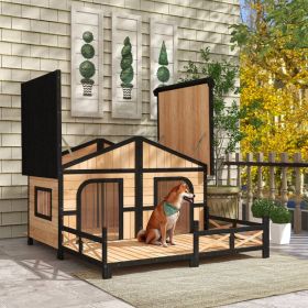 Stylish Deluxe Dog House Cabin w/ Large Elevated Deck Porch - Solid Fir Wood - Natural Wood / Black Trim