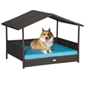 Wicker Dog House Cabana Elevated Rattan Bed with Removable Cushion for Indoor/Outdoor Raised Canopy Lounge, Blue