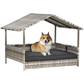 Wicker Dog House Cabana Elevated Rattan Bed with Removable Cushion for Indoor/Outdoor Raised Canopy Lounge, Cream