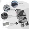 PawHut Travel Pet Stroller for Dogs, Cats, One-Click Fold Jogger Pushchair with Swivel Wheels, Braket, Basket Storage, Safety Belts, Adjustable Canopy