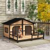 Stylish Deluxe Dog House Cabin w/ Large Elevated Deck Porch - Solid Fir Wood - Natural Wood / Black Trim