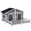 Premium Stylish Deluxe Dog House Cabin w/ Large Elevated Deck Porch - Solid Fir Wood - Gray / White Trim