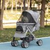 PawHut Travel Pet Stroller for Dogs, Cats, One-Click Fold Jogger Pushchair with Swivel Wheels, Braket, Basket Storage, Safety Belts, Adjustable Canopy