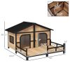 Stylish Deluxe Dog House Cabin w/ Large Elevated Deck Porch - Solid Fir Wood - Natural Wood / Black Trim