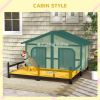 Stylish Deluxe Dog House Cabin w/ Large Elevated Deck Porch - Solid Fir Wood - Natural Wood / Black Trim