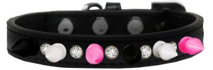 Crystal with Black, White and Bright Pink Spikes Dog Collar