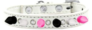 Crystal with Black, White and Bright Pink Spikes Dog Collar