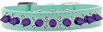 Double Crystal and Purple Spikes Dog Collar (Size: Aqua Size 12)