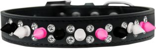 Double Crystal with Black, White and Bright Pink Spikes Dog Collar