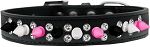 Double Crystal with Black, White and Bright Pink Spikes Dog Collar (Size: Black Size 12)