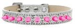 Double Crystal and Bright Pink Spikes Dog Collar (Size: Silver Ice Cream Size 12)