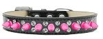 Double Crystal and Bright Pink Spikes Dog Collar (Size: Black Ice Cream Size 12)