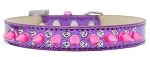 Double Crystal and Bright Pink Spikes Dog Collar (Size: Purple Ice Cream Size 12)