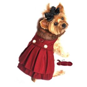 Wool Fur-Trimmed Fancy Dog Coat / Dog Harness Coat Holiday Outfit (Size: X-Small, Color: Burgundy)