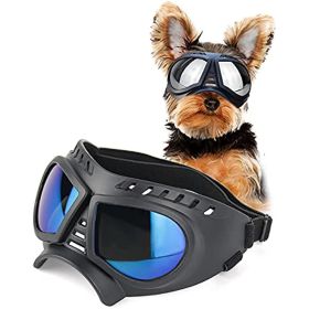 Dog Goggles for Small Dogs UV Sunglasses Windproof Shaped Glasses for Long Snout Dogs Mask with Soft Frame Adjustable Straps (Color: Black with Silver lens)