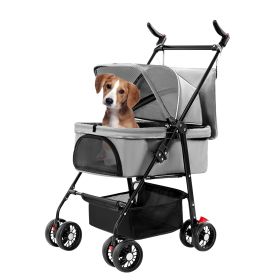 4 Wheels Pet Stroller Foldable Carrier Strolling Cart Travel Jogger Pet Stroller with Removable Liner Storage Basket for Dog Cat (Option: ColorGrey)