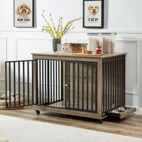 Furniture Style Dog Crate Side Table With Feeding Bowl, Wheels, Three Doors, Flip-Up Top Opening. Indoor, Grey, 43.7"W x 30"D x 33.7"H (Option: Coloras Pic)