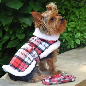 Sherpa-Lined Dog Coat / Dog Harness Red & White Plaid (Size: X-Small)