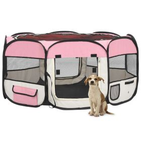 Foldable Travel Dog Playpen with Carrying Bag Pink (Color / Size: 57.1"x57.1"x24")